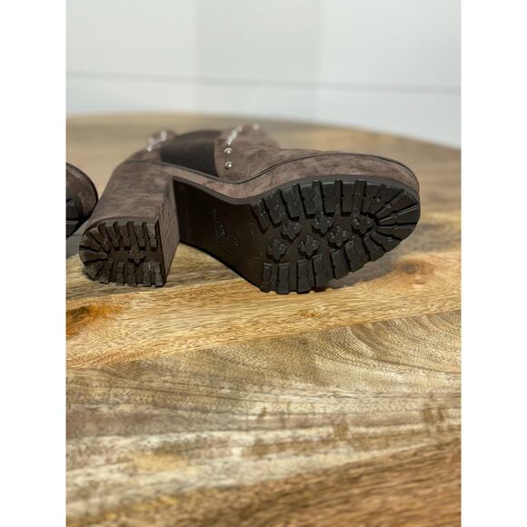 Janet Sport Suede Platform Booties 8.5 Brown Italian Studded Chunky Heel - Picture 9 of 15